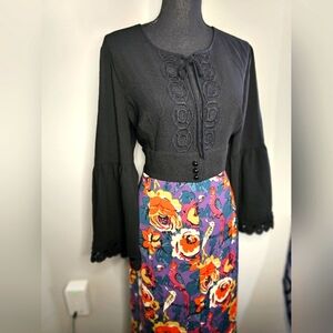 Anna Sui Black Top with Vibrant Floral Maxi Skirt